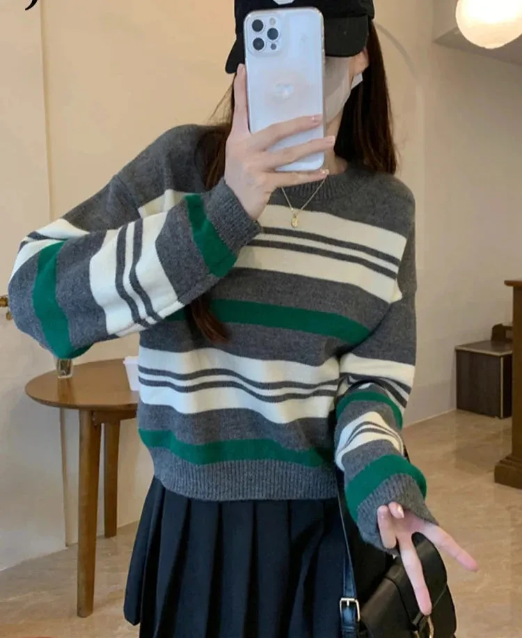 Spell Color Stripe Knitted Sweater Women Korean New Autumn Winter Wool Soft O-Neck Gray Apricot Pullover Women's Sweaters