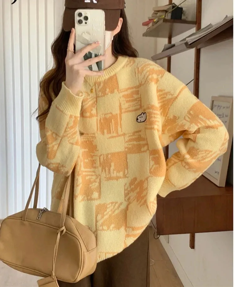 Thickened Embroidery Cartoon Plaid Sweater Women Autumn Winter Japanese Preppy Style Soft Women Top Blue Yellow Pullover