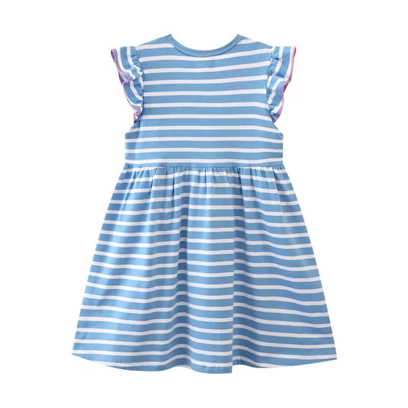 Toddler/Kid Girl's Short Sleeve Unicorn Design Striped Dress