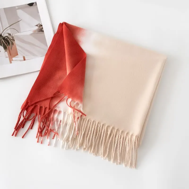 Unisex Gradient Color Fringe Faux Cashmere Scarf