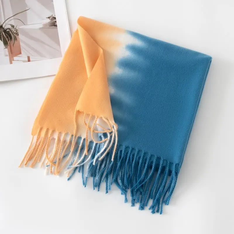 Unisex Gradient Color Fringe Faux Cashmere Scarf