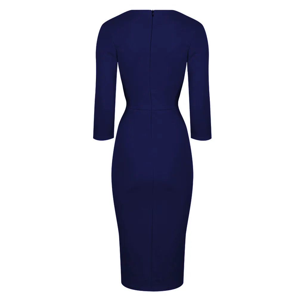 Vintage Navy Blue Wrap Over Midi Pencil Dress