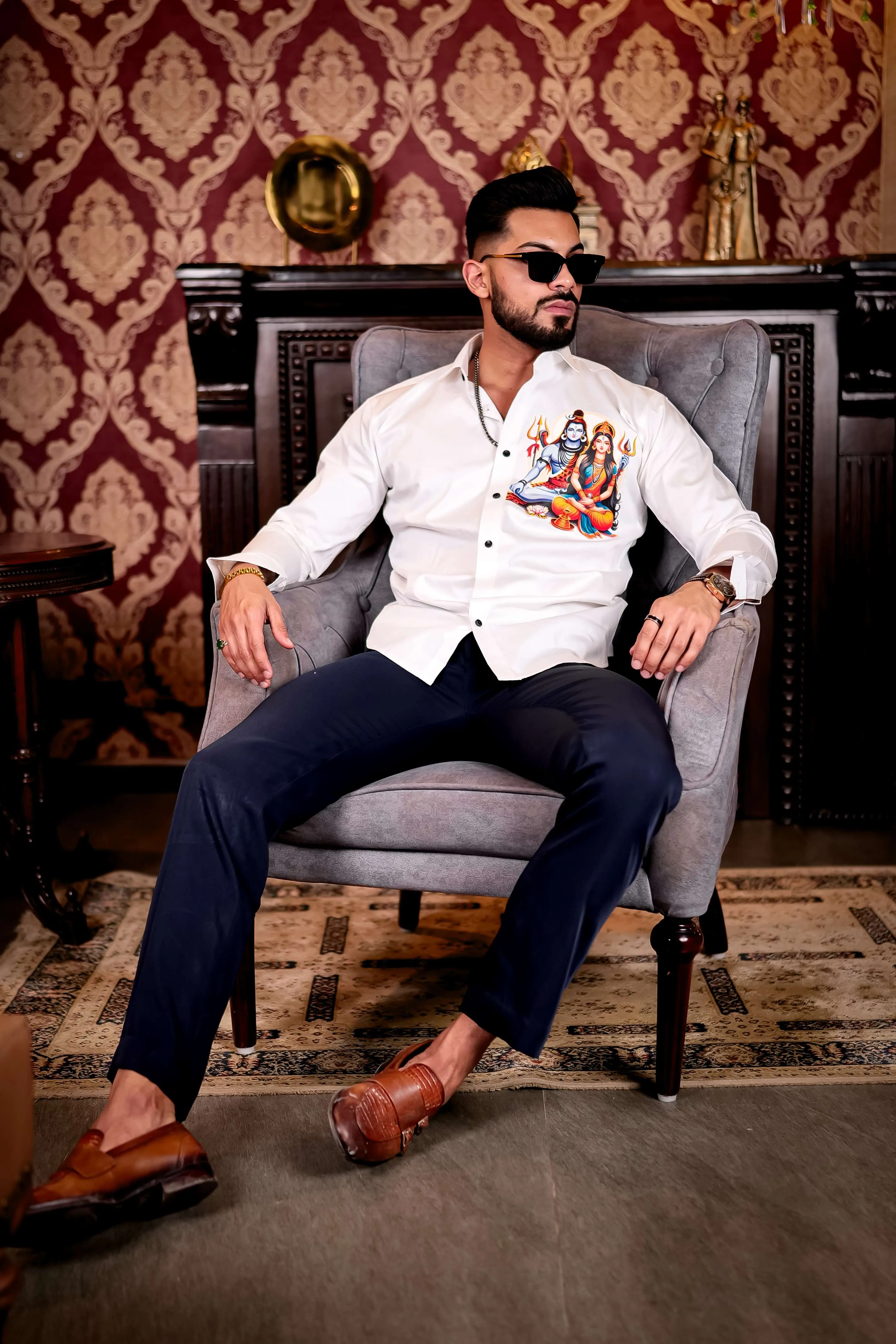 White Lord Adiparashakti Club Wear Printed Satin Cotton Shirt