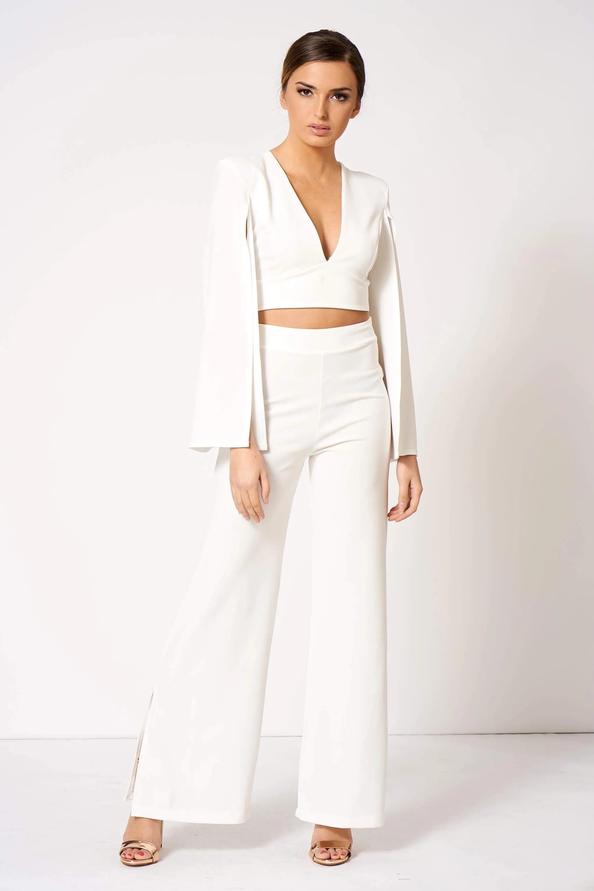 White Plunge Cape Sleeve Crop Top