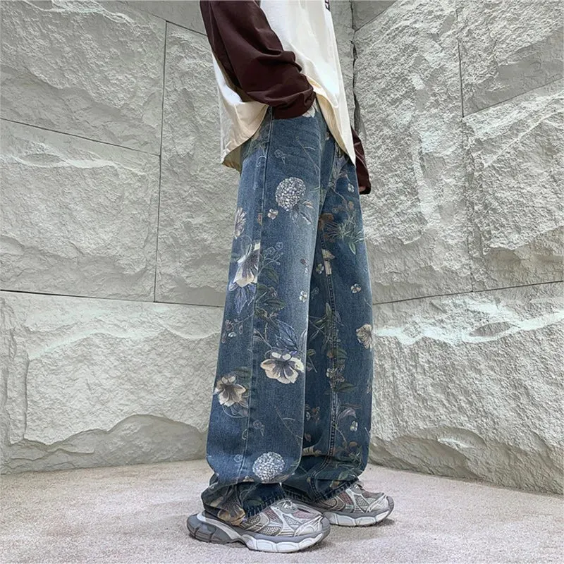 Wiaofellas  -  Mens Fashion Printed Jeans Spring Floral Denim Mopping Trousers Korean Style High Street Loose Hip Hop Wide-leg Jean Pants