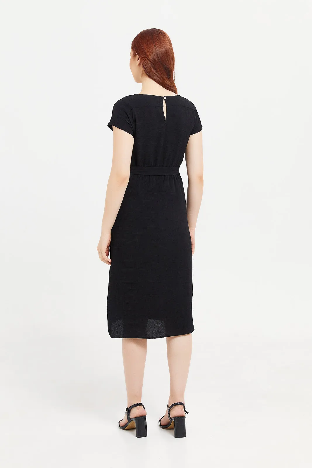 Women Black Belted Midi Wrap Dress