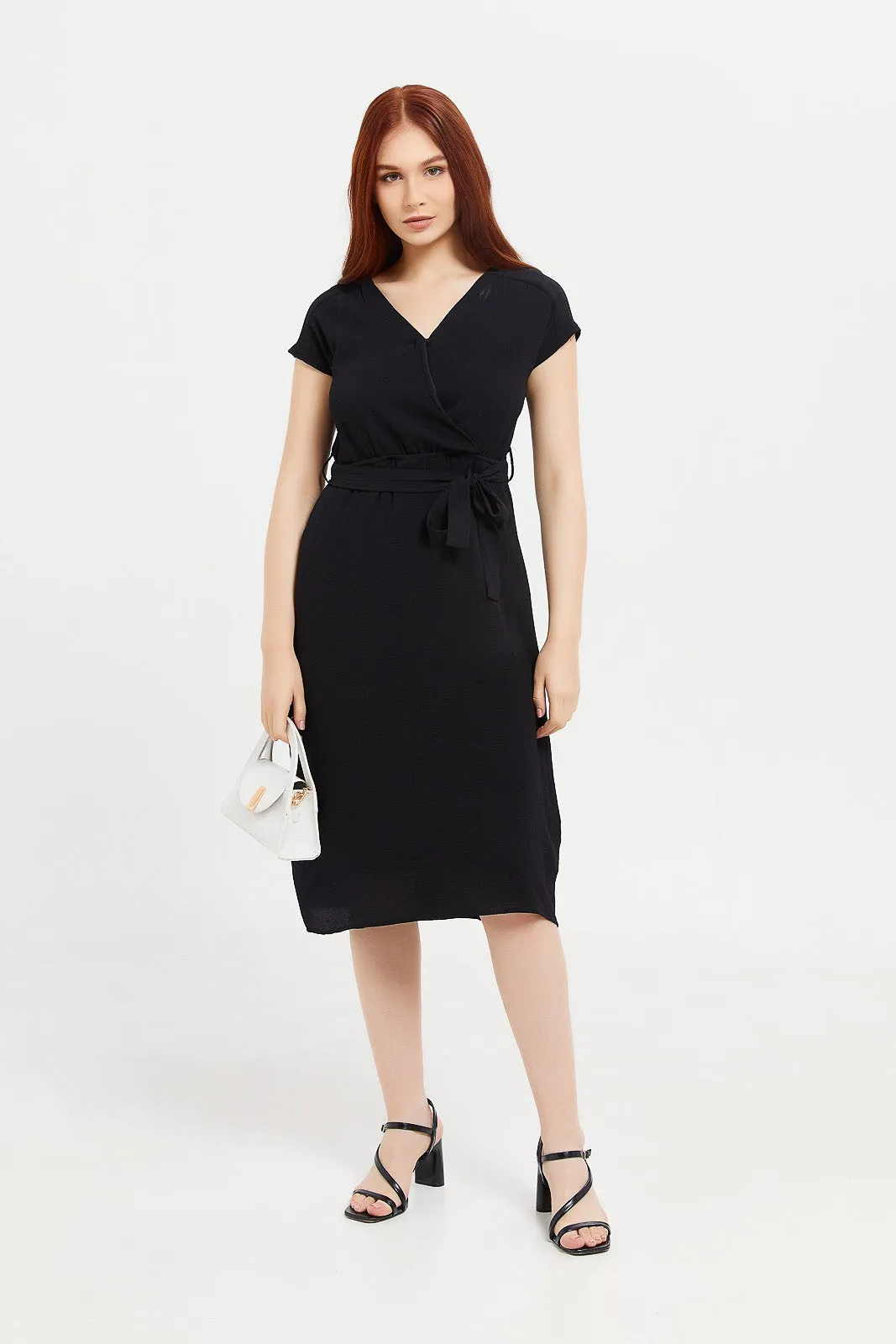 Women Black Belted Midi Wrap Dress