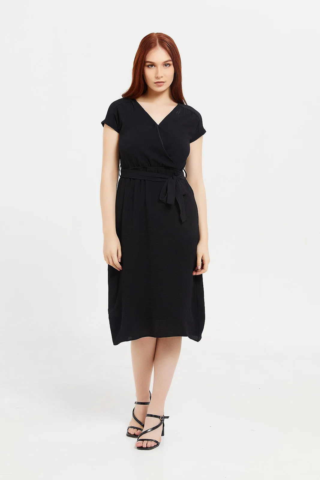 Women Black Belted Midi Wrap Dress