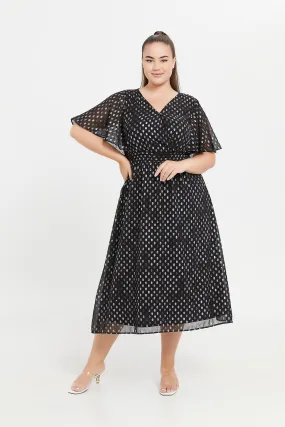 Women Black Foil Print Flared Sleeve Ruffle Hem Dress