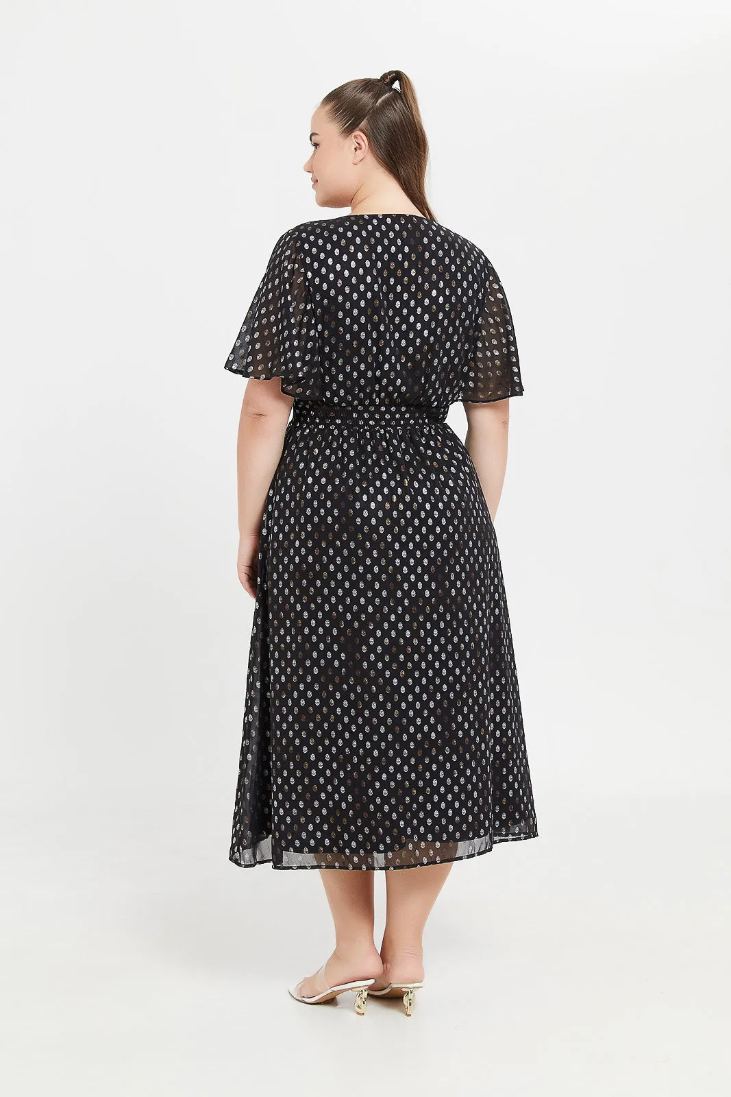 Women Black Foil Print Flared Sleeve Ruffle Hem Dress