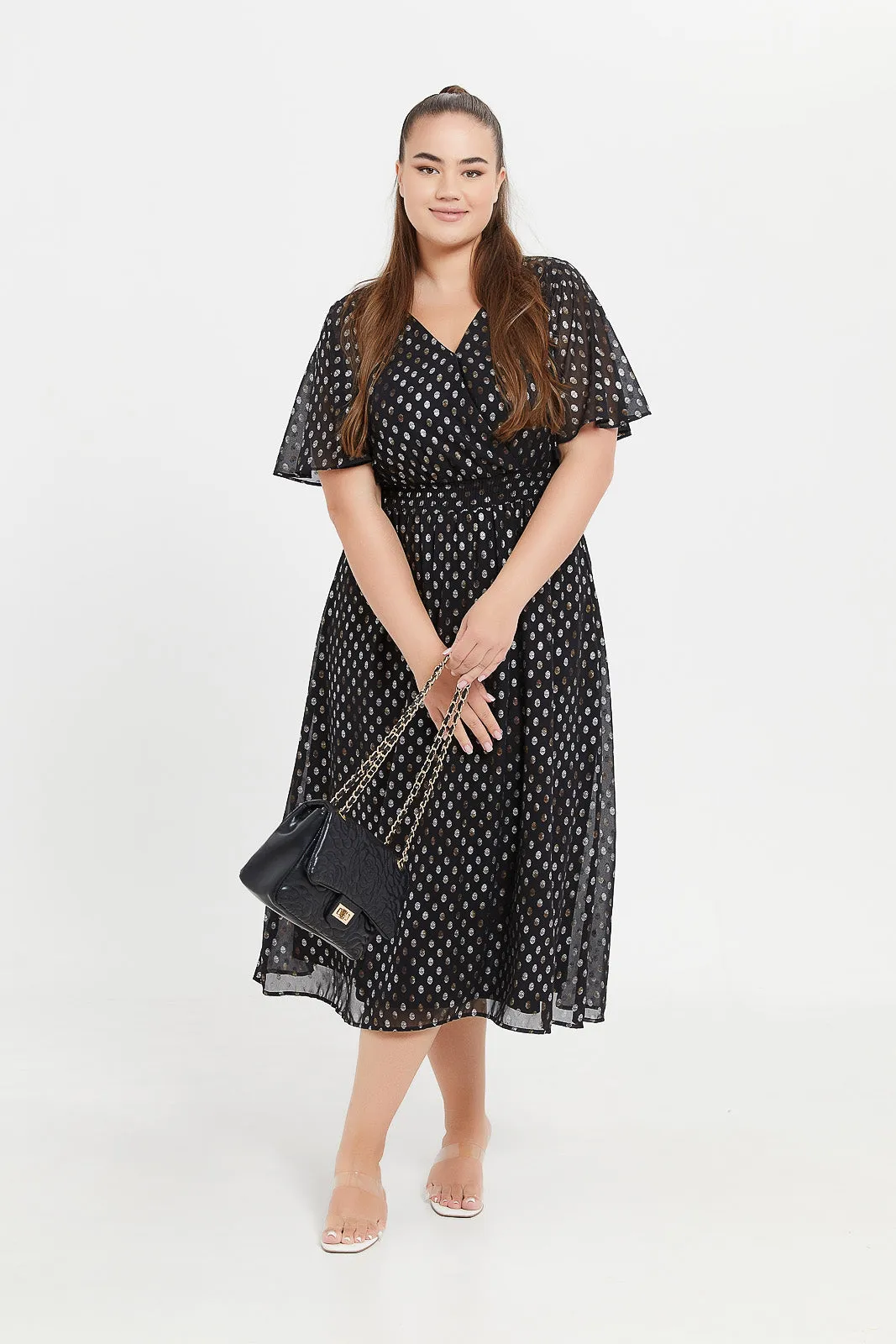 Women Black Foil Print Flared Sleeve Ruffle Hem Dress