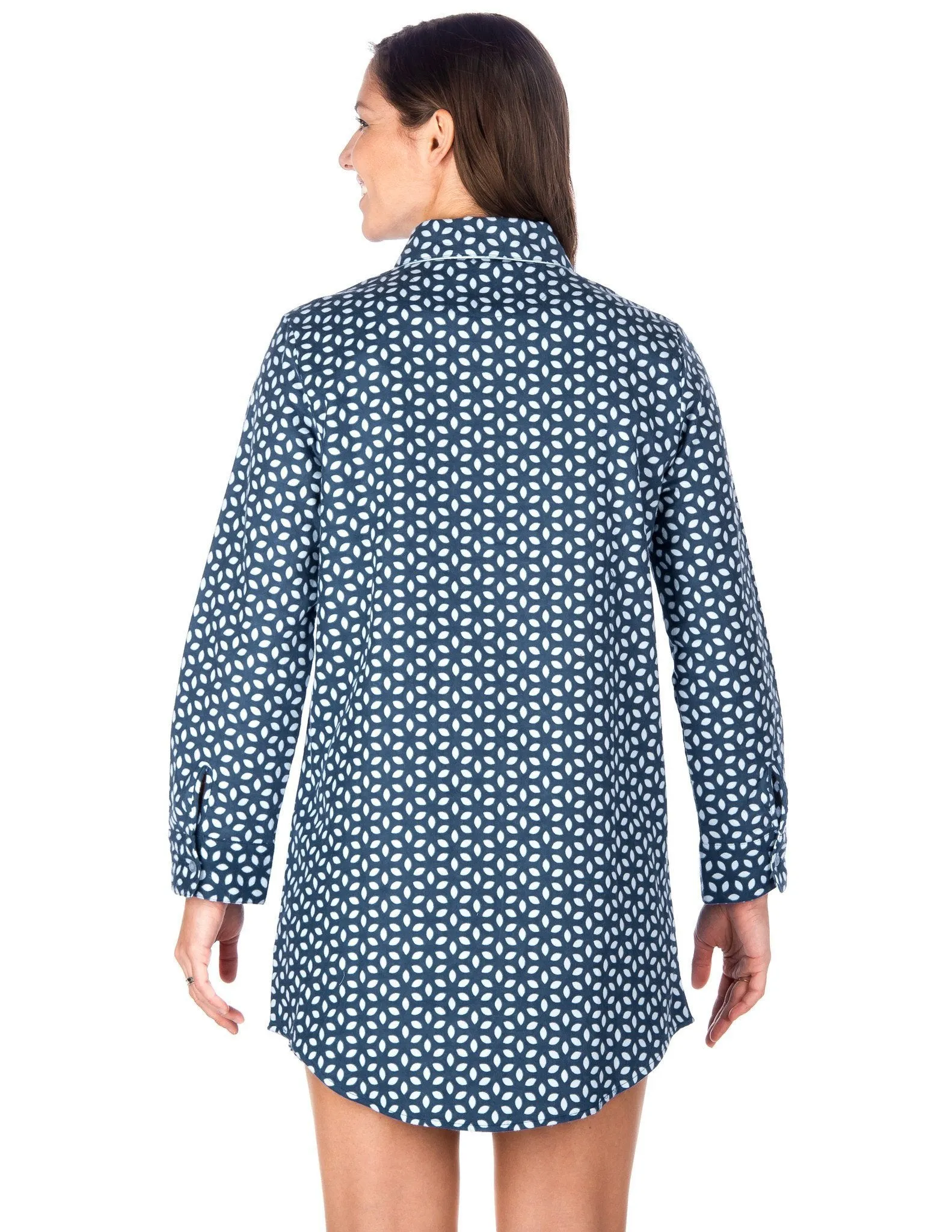 Women's Premium 100% Cotton Flannel Long Sleeve Sleep Shirt - Cutwork - Dark Blue