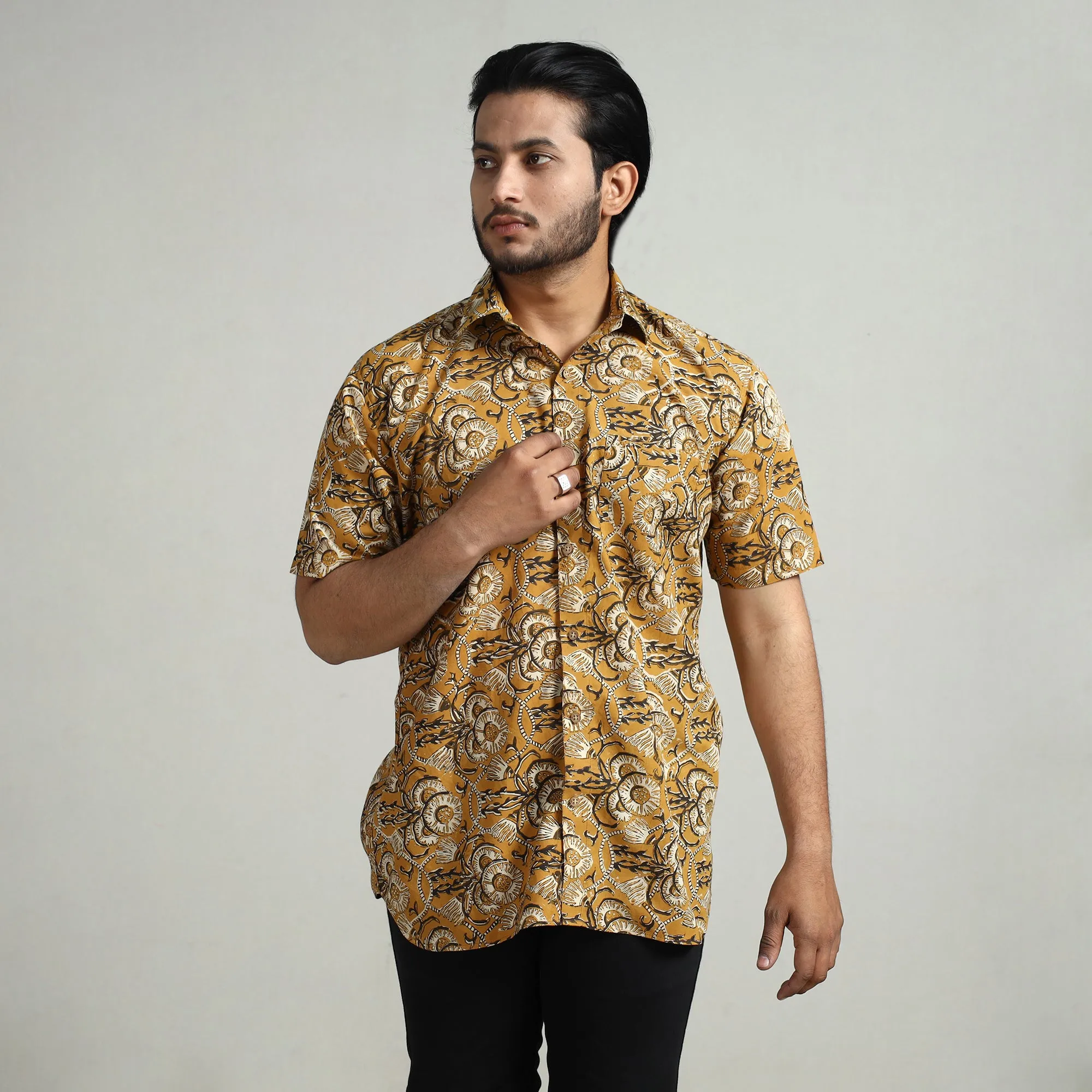 Yellow - Bagru Hand Block Printed Cotton Men Half Sleeve Shirt