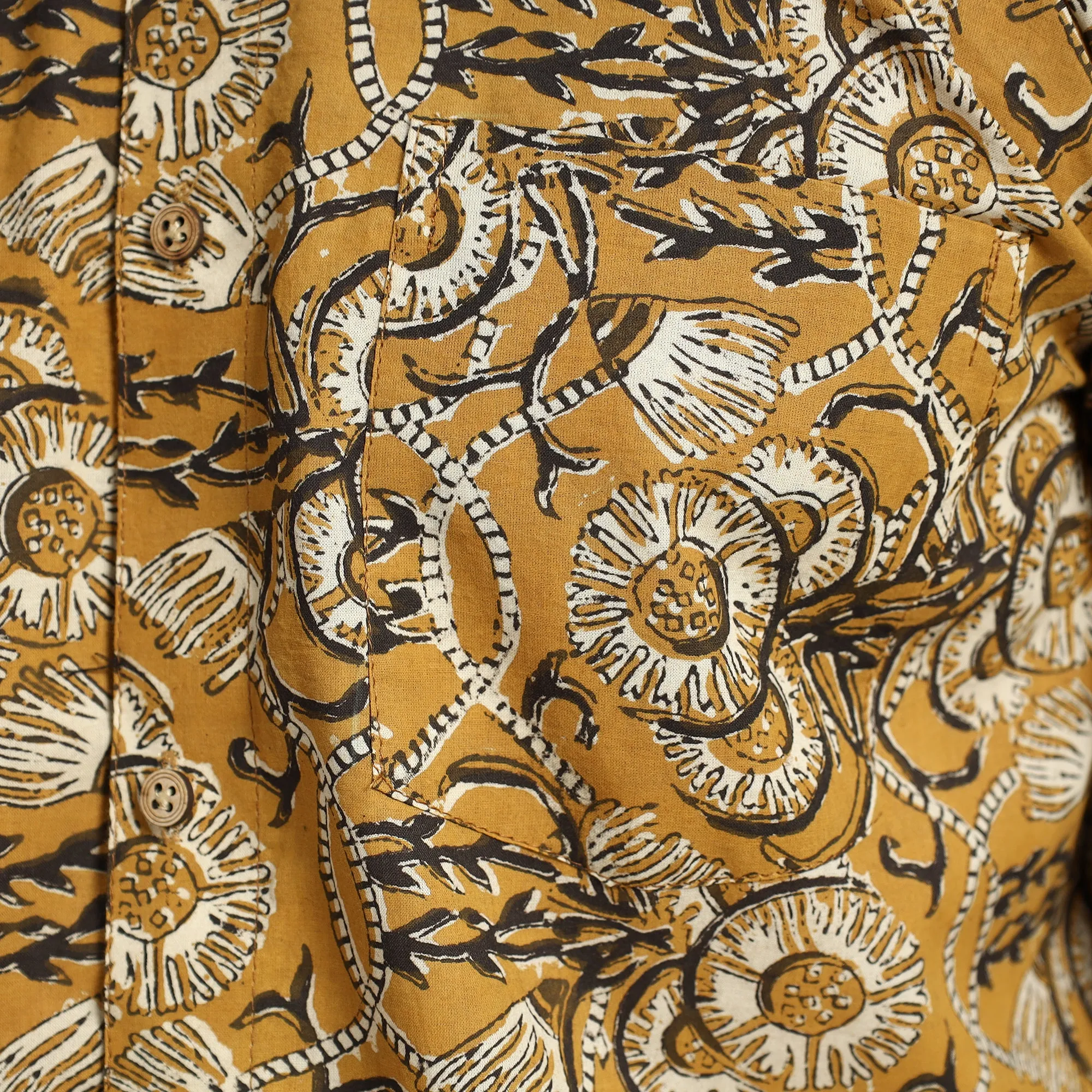 Yellow - Bagru Hand Block Printed Cotton Men Half Sleeve Shirt