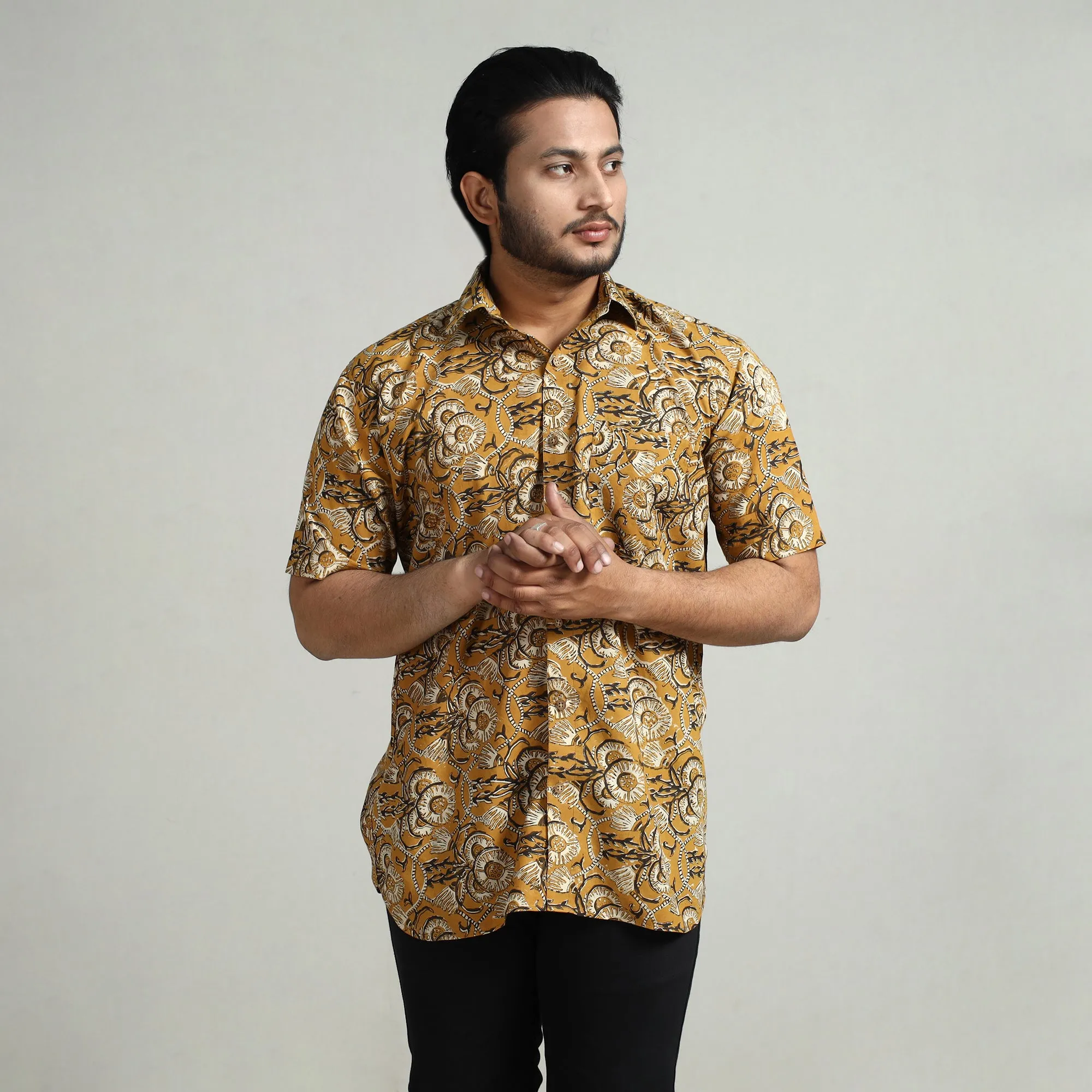 Yellow - Bagru Hand Block Printed Cotton Men Half Sleeve Shirt