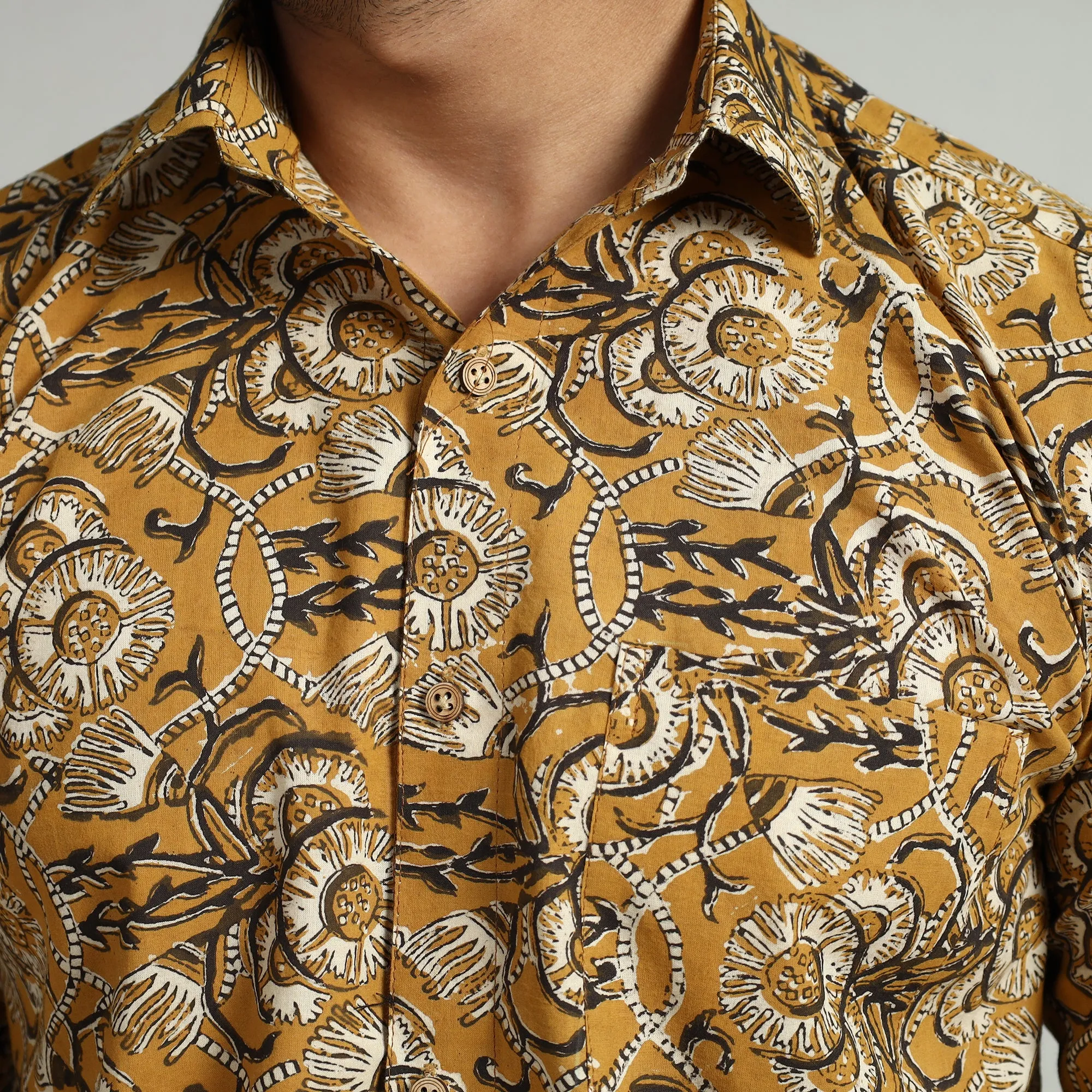 Yellow - Bagru Hand Block Printed Cotton Men Half Sleeve Shirt