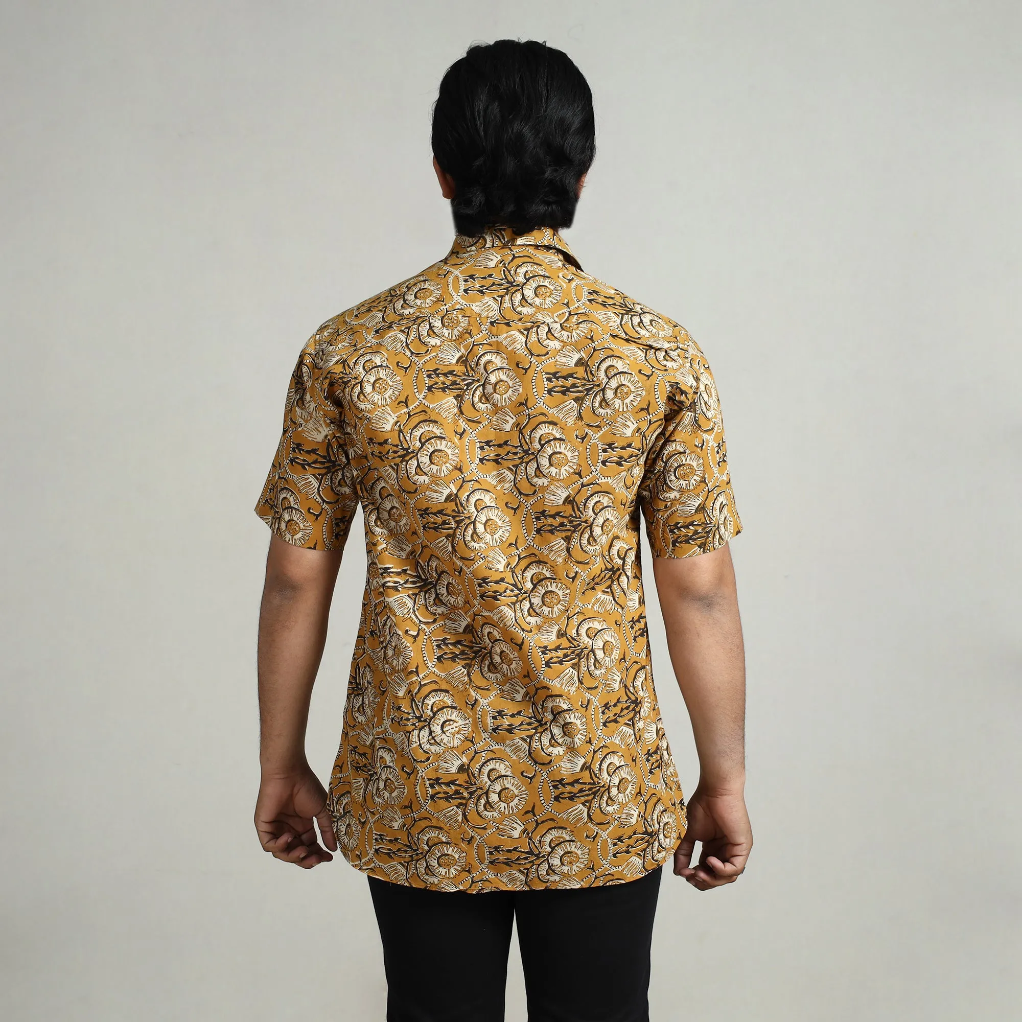 Yellow - Bagru Hand Block Printed Cotton Men Half Sleeve Shirt