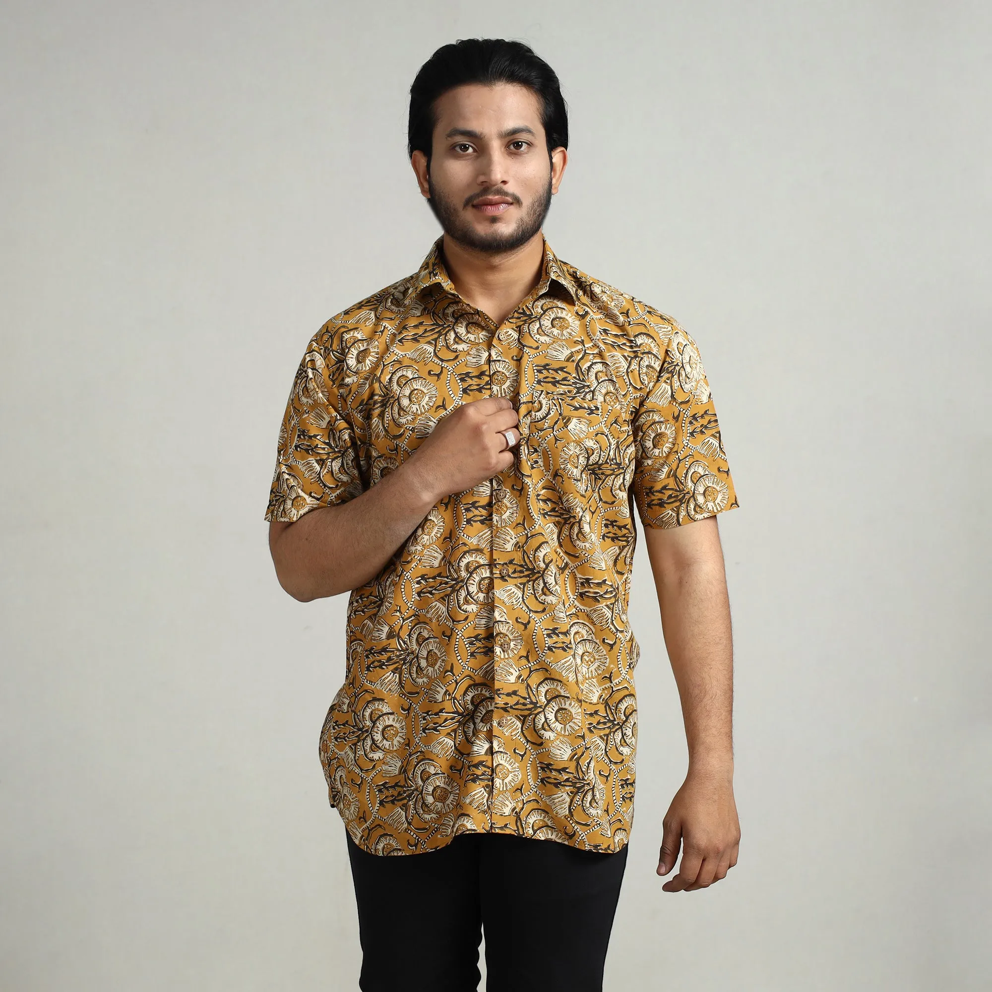 Yellow - Bagru Hand Block Printed Cotton Men Half Sleeve Shirt