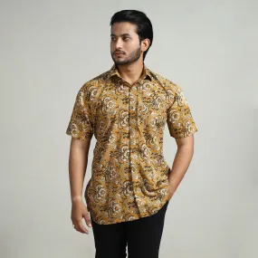 Yellow - Bagru Hand Block Printed Cotton Men Half Sleeve Shirt