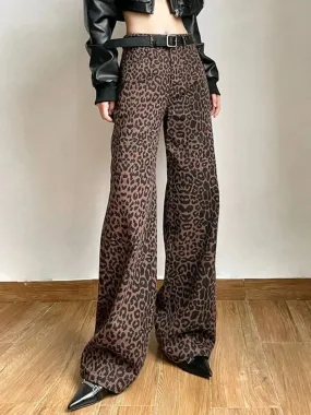 YESMYTOOL  -   Vintage Leopard Wide Leg Pants Women Oversized Streetwear Harajuku High Waist Straight Pants Casual Loose Long Pants New