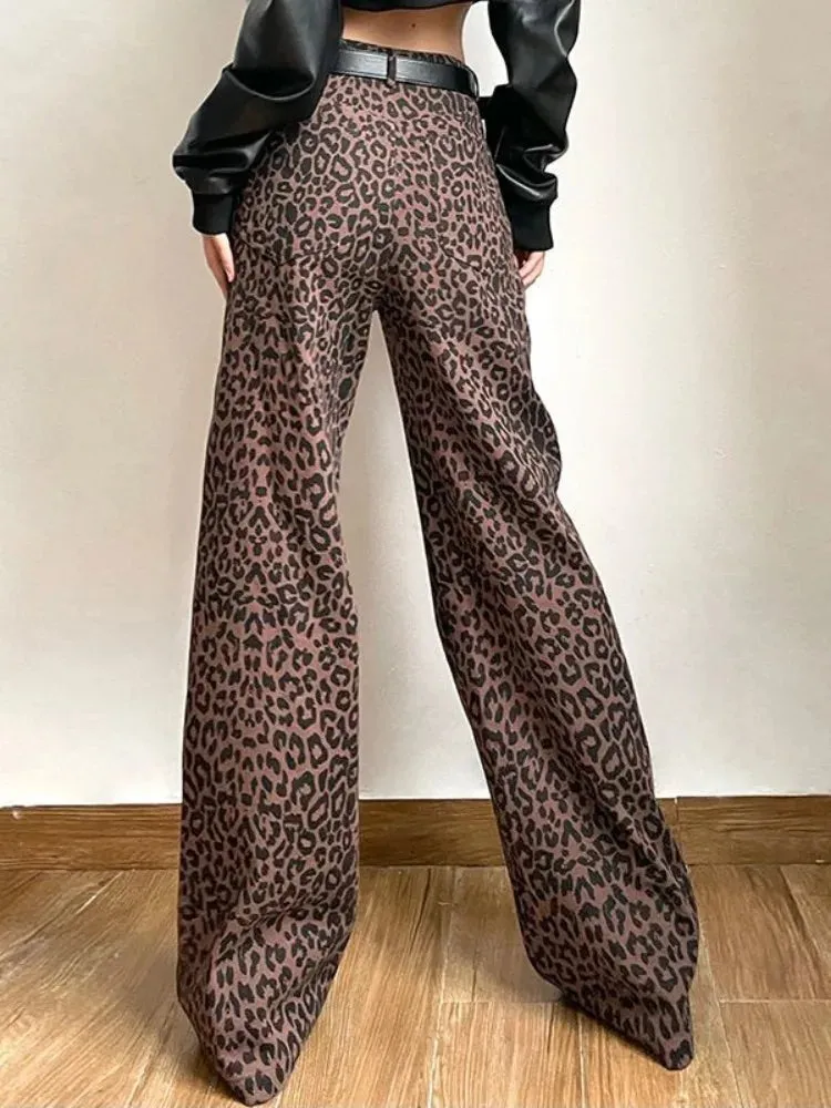 YESMYTOOL  -   Vintage Leopard Wide Leg Pants Women Oversized Streetwear Harajuku High Waist Straight Pants Casual Loose Long Pants New