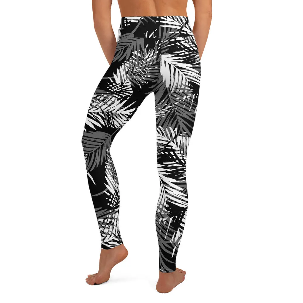 Yoga Leggings in Monotone Tropical Palm Print